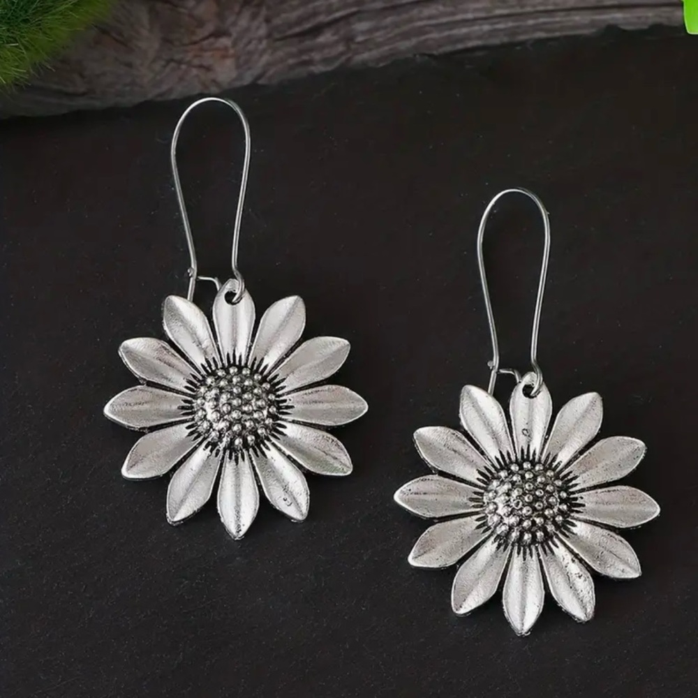 Sunflower Silver Fishhook Dangle Earrings